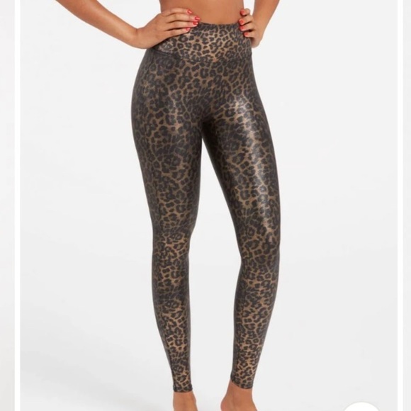 SPANX Faux Leather Leopard Shine Leggings 1X Shapewear Animal Print Mobwife NWT - Picture 2 of 11
